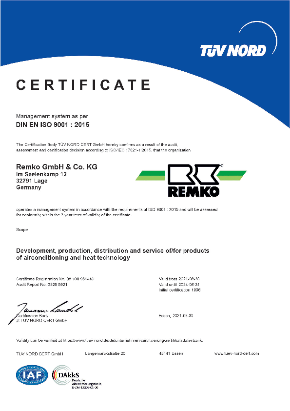 Certificate for management system as per DIN EN ISO 9001 : 2015