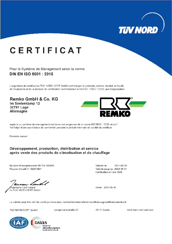 Certificat pour le Système de Management selon la norme DIN EN ISO 9001 : 2015