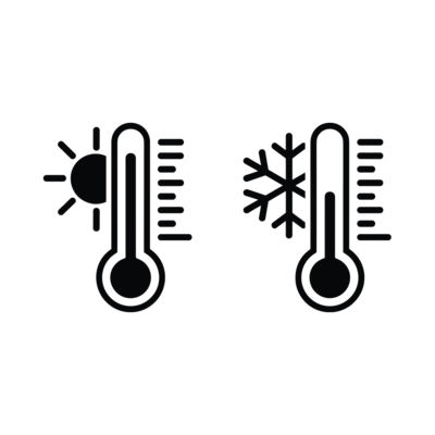 Heizlast Icons für Heizung und Kühlung: Thermometer mit Sonnensymbol für Wärme und Schneeflocke für Kälte