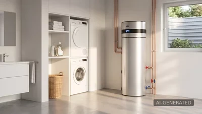 Remko Brauchwasser-Wärmepumpe in einem modernen Hauswirtschaftsraum neben Waschmaschine und Trockner – AI-GENERATED