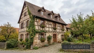 Fachwerkhaus mit Steinfundament und Efeubewuchs