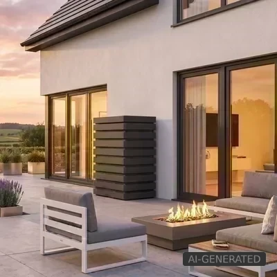 Moderne Terrasse mit Feuerstelle und schwarzer Schallschutzhaube von Remko an einem modernen Haus