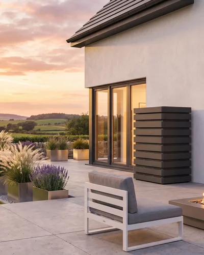 Modern patio with a fire pit and a dark Remko outdoor unit next to a modern house.