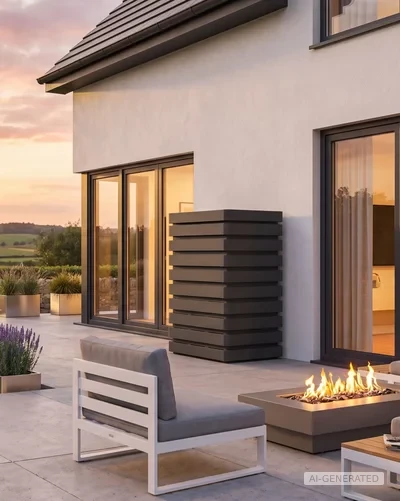 Moderne Terrasse mit Feuerstelle und schwarzer Schallschutzhaube von Remko an einem modernen Haus – AI-GENERATED