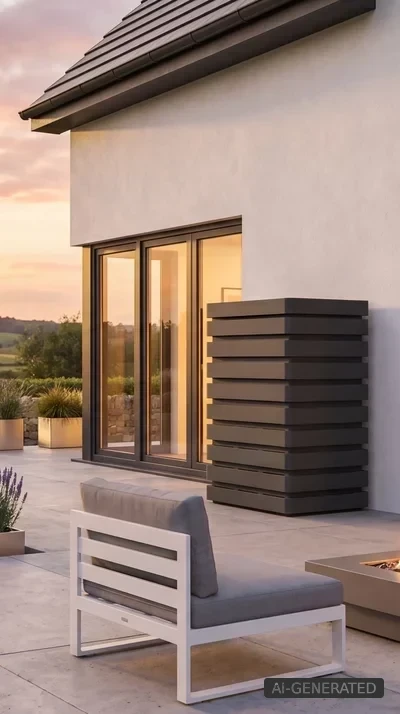 Wärmepumpen-Verkleidungen Moderne Terrasse mit Feuerstelle und einem dunklen Remko-Gerät an der Hauswand bei Sonnenuntergang