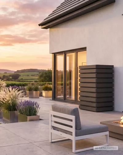 Moderne Terrasse mit Feuerstelle und schwarzer Schallschutzhaube von Remko an einem modernen Haus – AI-GENERATED