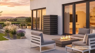 Moderne Terrasse mit Feuerstelle und schwarzer Schallschutzhaube von Remko an einem modernen Haus – AI-GENERATED