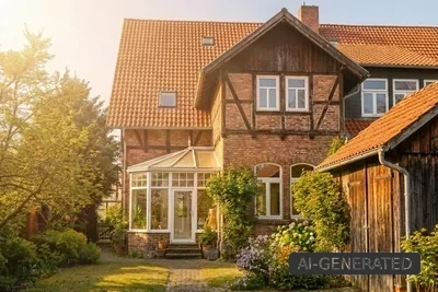 Fachwerkhaus mit Wintergarten und Gartenweg im warmen Sonnenlicht