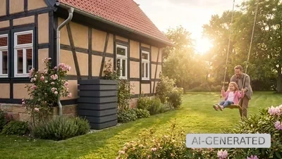 Familie im Garten vor einem Fachwerkhaus mit einer Remko Schallschutzhaube