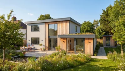 Beispiel: Laufende Kosten einer Luft-Luft-Wärmepumpe im Einfamilienhaus Modernes Einfamilienhaus mit Holzverkleidung und Flachdach im Garten