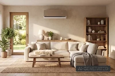 Design-Luft-Luft-Wärmepumpen für Ihre Innenräume Helles Wohnzimmer mit moderner Wandklimaanlage, Sofa und Pflanzen