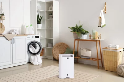 Déshumidificateur Remko dans une buanderie lumineuse à côté d'un lave-linge