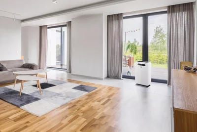 Witte Remko luchtontvochtiger in een moderne woonkamer met houten vloeren en grote ramen