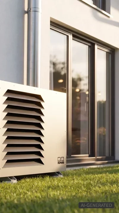 Klimaanlagen-Abdeckungen Remko Außenmodul mit Designhaube im Garten vor einem Haus, während im Hintergrund Personen grillen