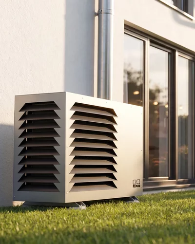 Remko heat pump in the garden in front of a house, with people grilling in the background.