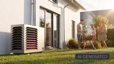 Remko Außenmodul mit Designhaube im Garten vor einem Haus, während im Hintergrund Personen grillen