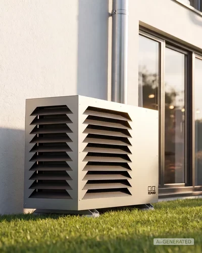 Remko Außenmodul mit Designhaube im Garten vor einem Haus, während im Hintergrund Personen grillen – AI-GENERATED