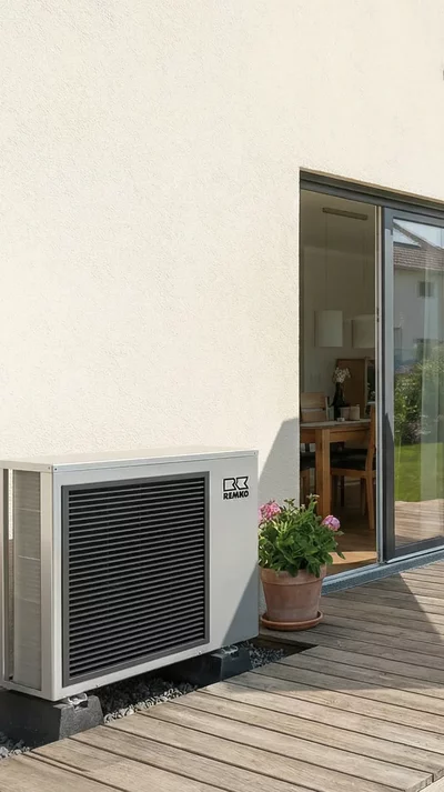 Lautstärke von Wärmepumpen Remko Wärmepumpe im Garten neben einem Tisch mit zwei Personen