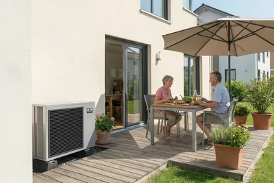 Remko Wärmepumpe im Garten neben einem Tisch mit zwei Personen