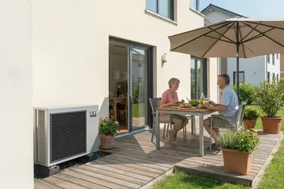 Remko Wärmepumpe im Garten neben einem Tisch mit zwei Personen