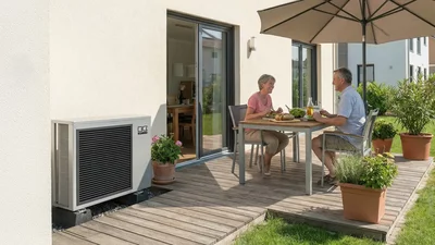 REMKO Hybrid-Wärmepumpen der Serie WKF Remko Wärmepumpe im Garten neben einem Tisch mit zwei Personen