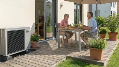 Remko Wärmepumpe im Garten neben einem Tisch mit zwei Personen