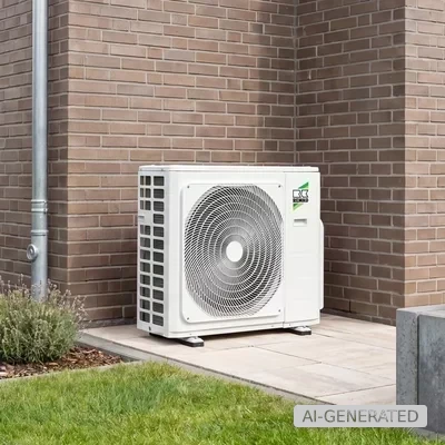 Remko Wärmepumpe außen vor einem Backsteingebäude mit Gartenpflanzen