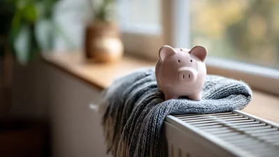 Sparschwein auf einem Heizkörper mit Decke, Symbol für Energieeinsparung