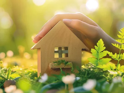Eine Hand bedeckt ein Miniaturhaus auf grüner Wiese