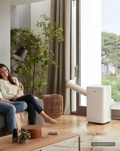 Ein Paar entspannt auf dem Sofa neben einem weißen Remko Klimagerät mit Abluftschlauch am Fenster – AI-GENERATED