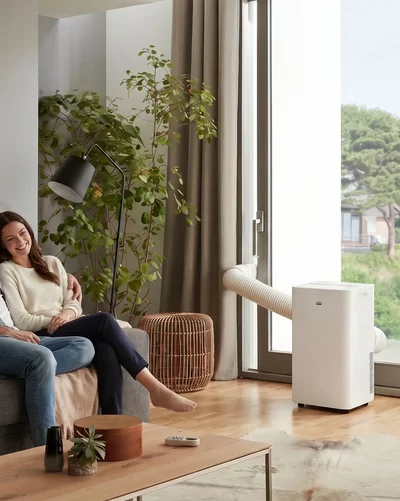 Een paar ontspant op de bank naast een witte Remko airco met afvoerslang bij het raam.