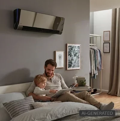 Vater und Kind lesen im Schlafzimmer unter einer an der Wand montierten Klimaanlage von Remko