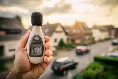 Hand hält ein Schallpegelmessgerät mit Anzeige 53,7 dBA vor unscharfer Wohnsiedlung