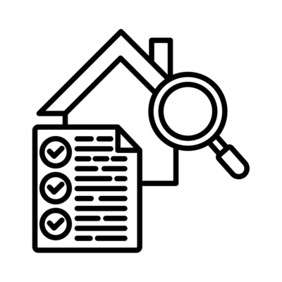 Gebäudezustand Icon eines Hauses mit Checkliste und Lupe, das die Prüfung des Gebäudezustandes darstellt
