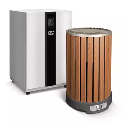 Remko Wärmepumpe mit Innenmodul und Außenmodul in Holzverkleidung